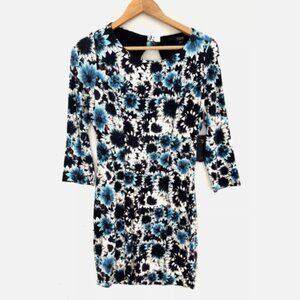 GUESS LA Blue Floral Bodycon Knit Sheath Dress Mini Knot Cut out Back Size L NWT